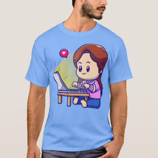 ノートパソコンの漫画に取り組む可愛い少女 Tシャツ