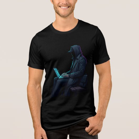 ノートパソコンを持つハッカーTシャツ トライブレンドＴシャツ (正面)