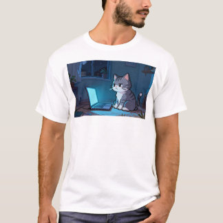 ノートパソコンを持つ孤独なピクセル猫 - リラックスできるレトロピクセルアート Tシャツ