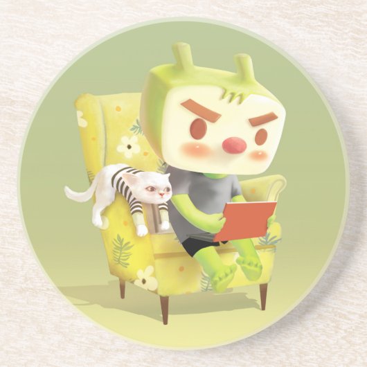 ノートパソコンを肘掛け椅子に座っている少年 コースター (正面)