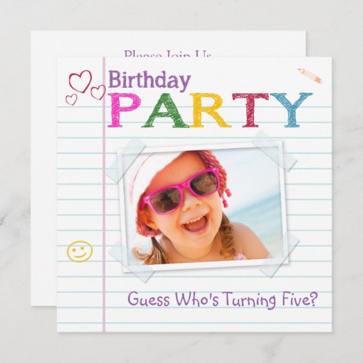 ノートブックのドッドルバースデーパーティ招待状 招待状 (正面/裏面)