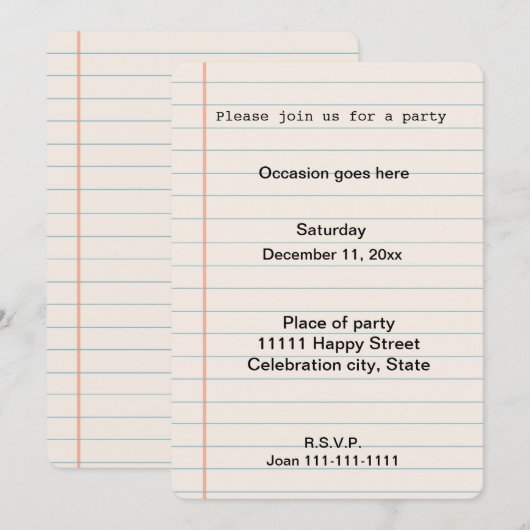 ノートブック紙 招待状 (正面/裏面)
