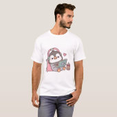 ノートPCとボバティーで肌寒い可愛いペンギン Tシャツ (正面フル)