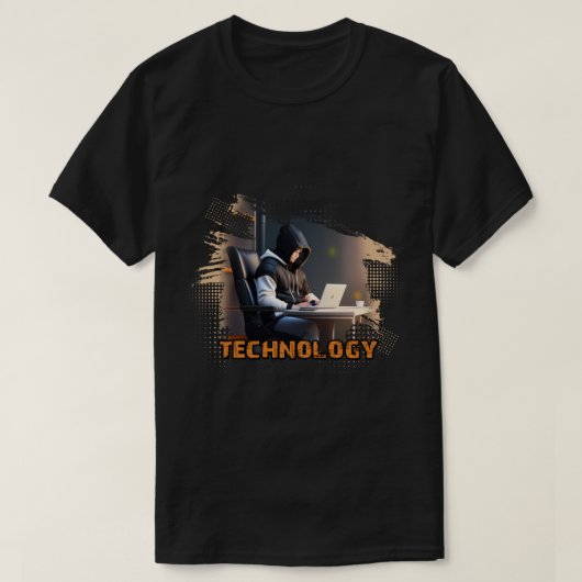 ノートPCを持ってフード付きスウェットシャツの中の男が机に座っている Tシャツ (デザイン正面)