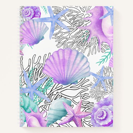 ノートPurple Pinkティール（緑がかった色）と白い貝 ノートブック (正面)