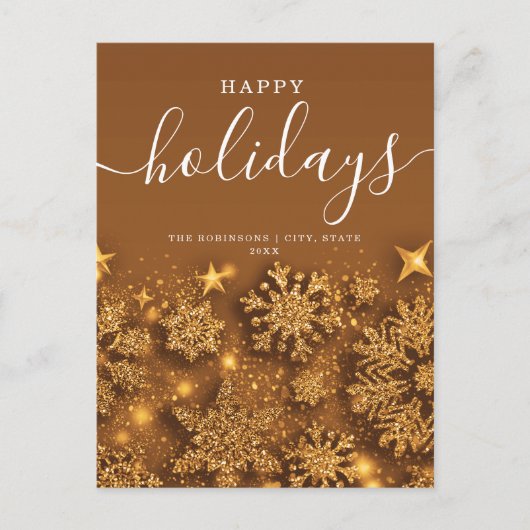 ノーフォトハッピーホリデークリスマスグリッター雪金ゴールド シーズンポストカード (正面)