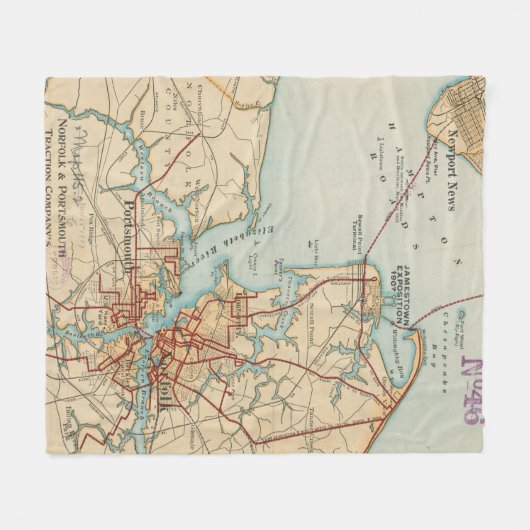 ノーフォークおよびポーツマスVA (1919年)のヴィンテージの地図 フリースブランケット (正面(横))