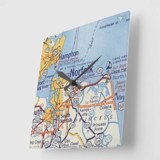 ノーフォークバージニアヴィンテージの地図 スクエア壁時計 (傾斜)