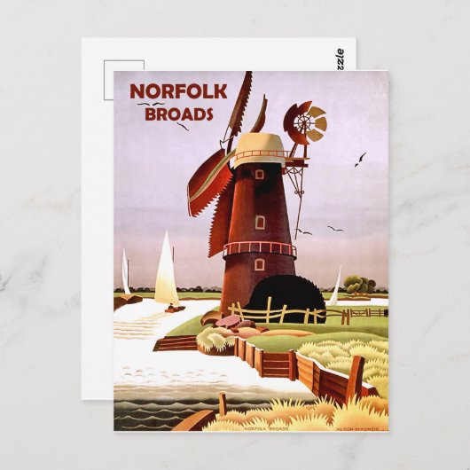 ノーフォークブロードス海岸の風車、ヴィンテージ旅行 ポストカード (正面/裏面)