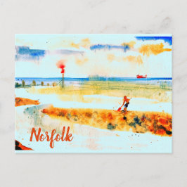 ノーフォーク、ムンデズリーのビーチに赤いボート ポストカード