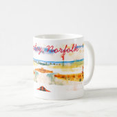 ノーフォーク、ムンデズリーの赤いボートとビーチ コーヒーマグカップ (正面右)