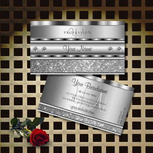 ノーブルシルバーきらめくグリッターモノグラムダイヤモンド 名刺