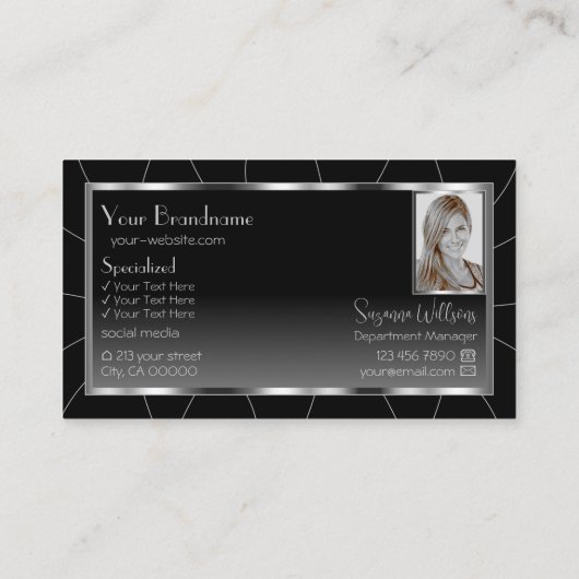 ノーブルシルバーフレーム黒グラデーションシック写真付き 名刺 (裏面)