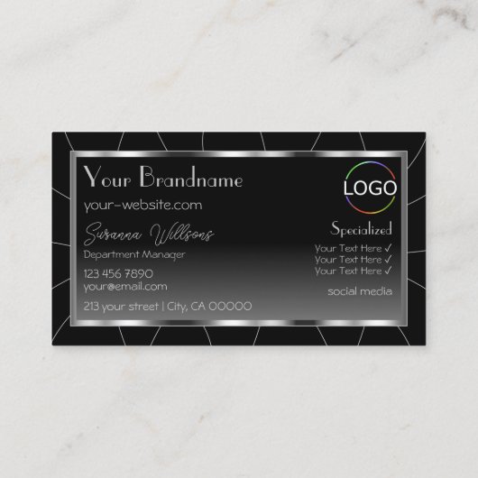ノーブルシルバーフレーム黒グラデーションシック、ロゴ付き 名刺 (裏面)
