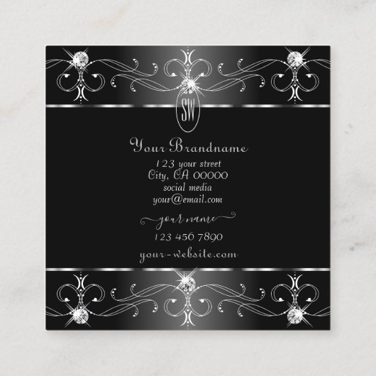 ノーブルシルバー白黒華美オーナメントモノグラム スクエア名刺 (裏面)
