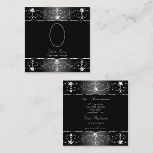 ノーブルシルバー白黒華美オーナメント写真 スクエア名刺 (正面/裏面)