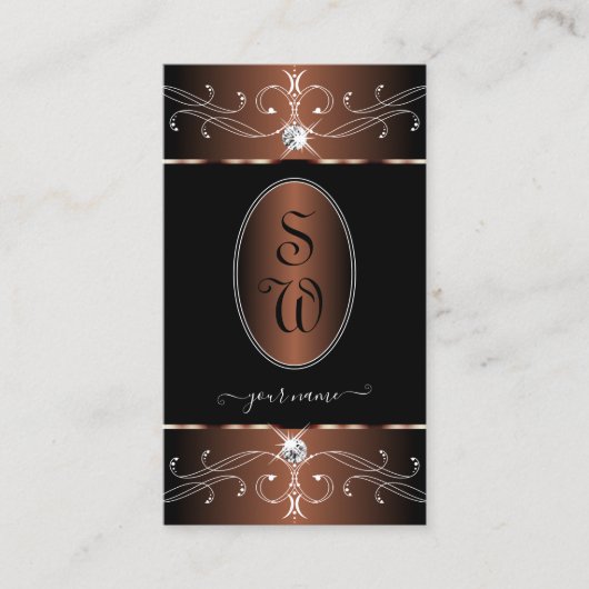 ノーブルブラックコーヒーブラウン華美オーナメントイニシャル 名刺 (正面)