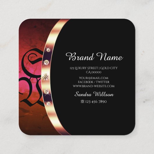 ノーブルブラックバラ金ゴールドとRed Marble with Monogram スクエア名刺 (裏面)