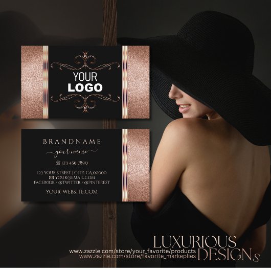 ノーブルブラックバラ金ゴールドグリッター装飾品（ロゴ付き） 名刺