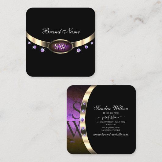 ノーブルブラック金ゴールドパープルマーブルダイヤモンド スクエア名刺 (正面/裏面)