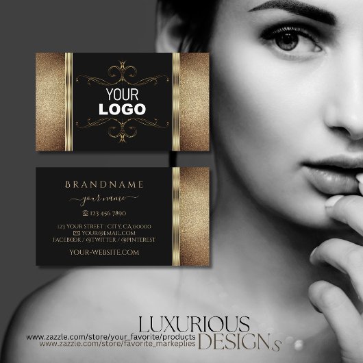 ノーブルブラック金ゴールド華美グリッター装飾ロゴ 名刺