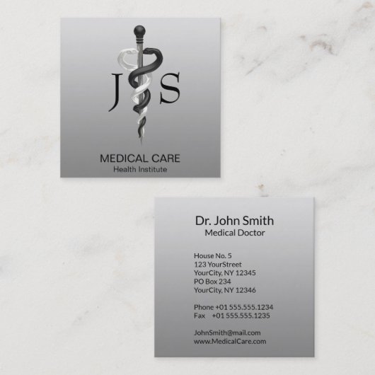 ノーブルメディカルクラシーエレガント白黒アスクレピオス スクエア名刺 (正面/裏面)
