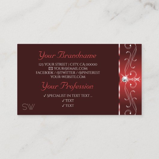 ノーブルワインレッドスクイグルスパークルダイヤモンドイニシャル 名刺 (裏面)