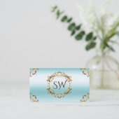 ノーブル金ゴールドデコールアイスブルーとモノグラム印象的 名刺 (スタンド正面)