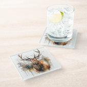 ノーブル〔雄ジカの〕枝角：ウッドランドエルクウォーターカラーアート ガラスコースター (アングル)