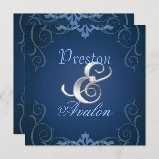 ノーベルブルーテクスチャシルバースクロール招待状 招待状 (正面/裏面)