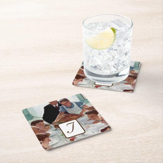 ノーマンロックウェルモノグラムの感謝祭 スクエアペーパーコースター (インサイチュ)