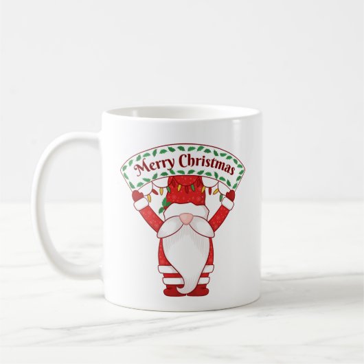 ノームが持つメリークリスマスのバナー コーヒーマグカップ (左)