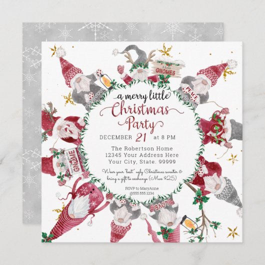 ノームのかわいい赤と灰色の楽しいクリスマス パーティー シーズンカード (正面/裏面)