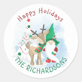 ノームのシカとクリスマスツリーが可愛い ラウンドシール