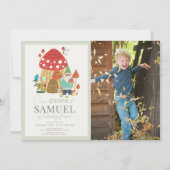 ノームガーデン キノコ グリーン 子供の誕生日 写真 招待状 (正面)