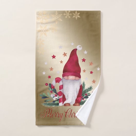 ノーム,松の枝,雪の結晶,ゴールドのクリスマス バスタオルセット (ハンドタオル)