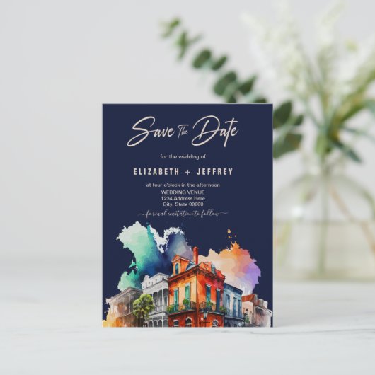ノーラウォーターカラーニューオーリンズの結婚式の日付を保存 ポストカード (スタンド正面)