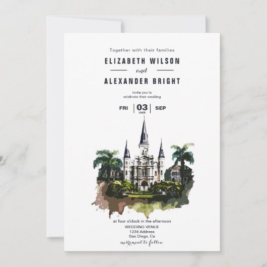 ノーラウォーターカラーニューオーリンズ市ルイジアナ結婚ズ 招待状 (正面)