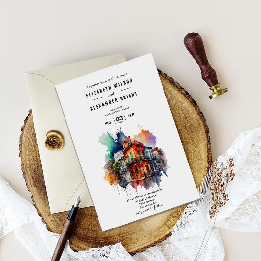 ノーラウォーターカラーニューオーリンズ市ルイジアナ結婚ズ 招待状