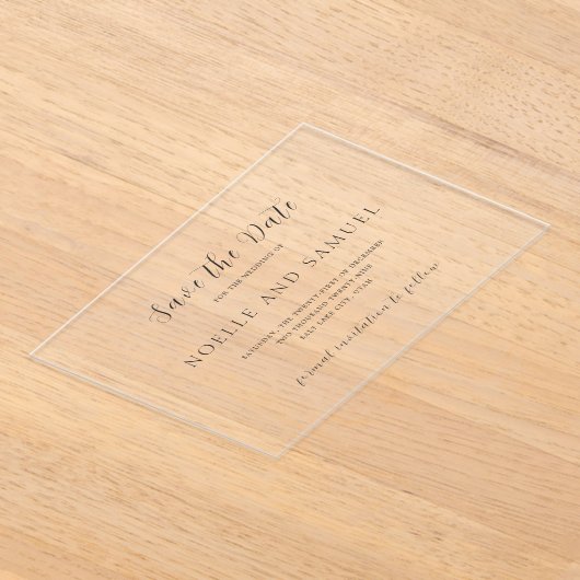 ノールエレガントな結婚式の日付を保存 アクリル招待状 (レイダウン)