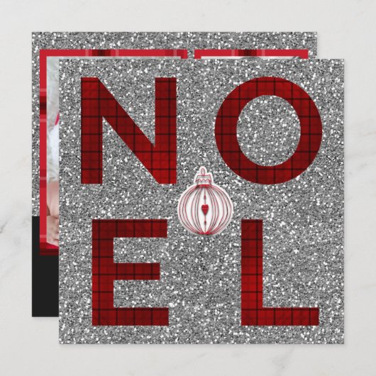 ノールレッドタータンチェックプレイドシルバーグリッターホリデーフォト シーズンカード (正面/裏面)