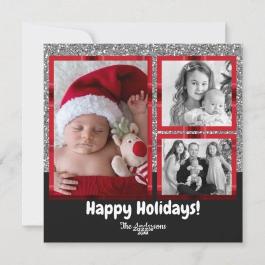 ノールレッドタータンチェックプレイドシルバーグリッターホリデーフォト シーズンカード (裏面)
