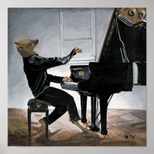 ハイエナピアノ音楽プレイヤーファンタジーウォールアートプリント ポスター (正面)