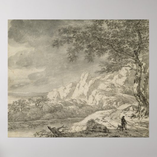 ハイカーのある山岳風景 ポスター (正面)