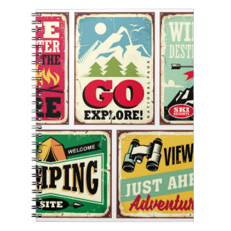 ハイキングとキャンプのレトロシンボルや象徴コレクション。アウトドア ノートブック