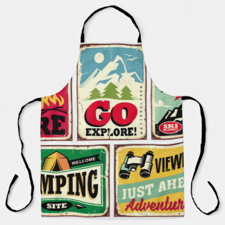 ハイキングとキャンプ用のレトロシンボルや象徴コレクション。屋外 エプロン