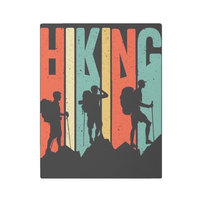 ハイキングをテーマにしたアドベンチャーシャツ、ヴィンテージハイキング メタルプリント (正面)