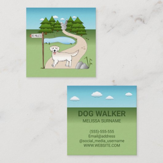 ハイキングトレイルの英語クリームゴールデンレトリバー スクエア名刺 (正面/裏面)