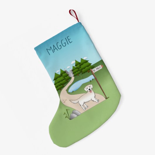 ハイキングトレイルの英語クリームゴールデンレトリバー スモールクリスマスストッキング (裏面 (吊り時))