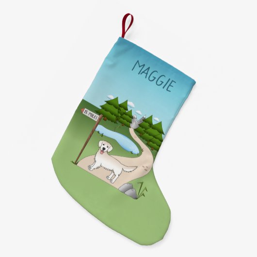 ハイキングトレイルの英語クリームゴールデンレトリバー スモールクリスマスストッキング (正面 (吊り時))